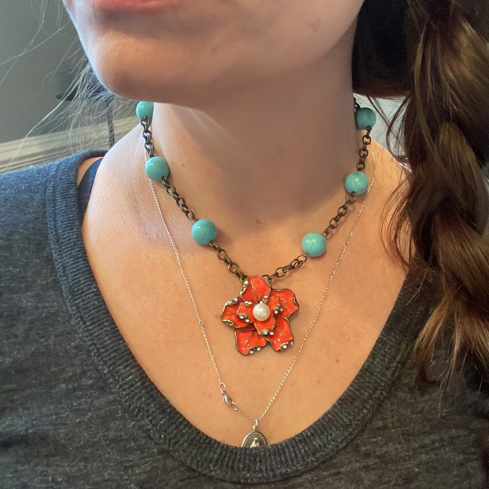 Hand painted Flower with Pearl and turquoise necklace